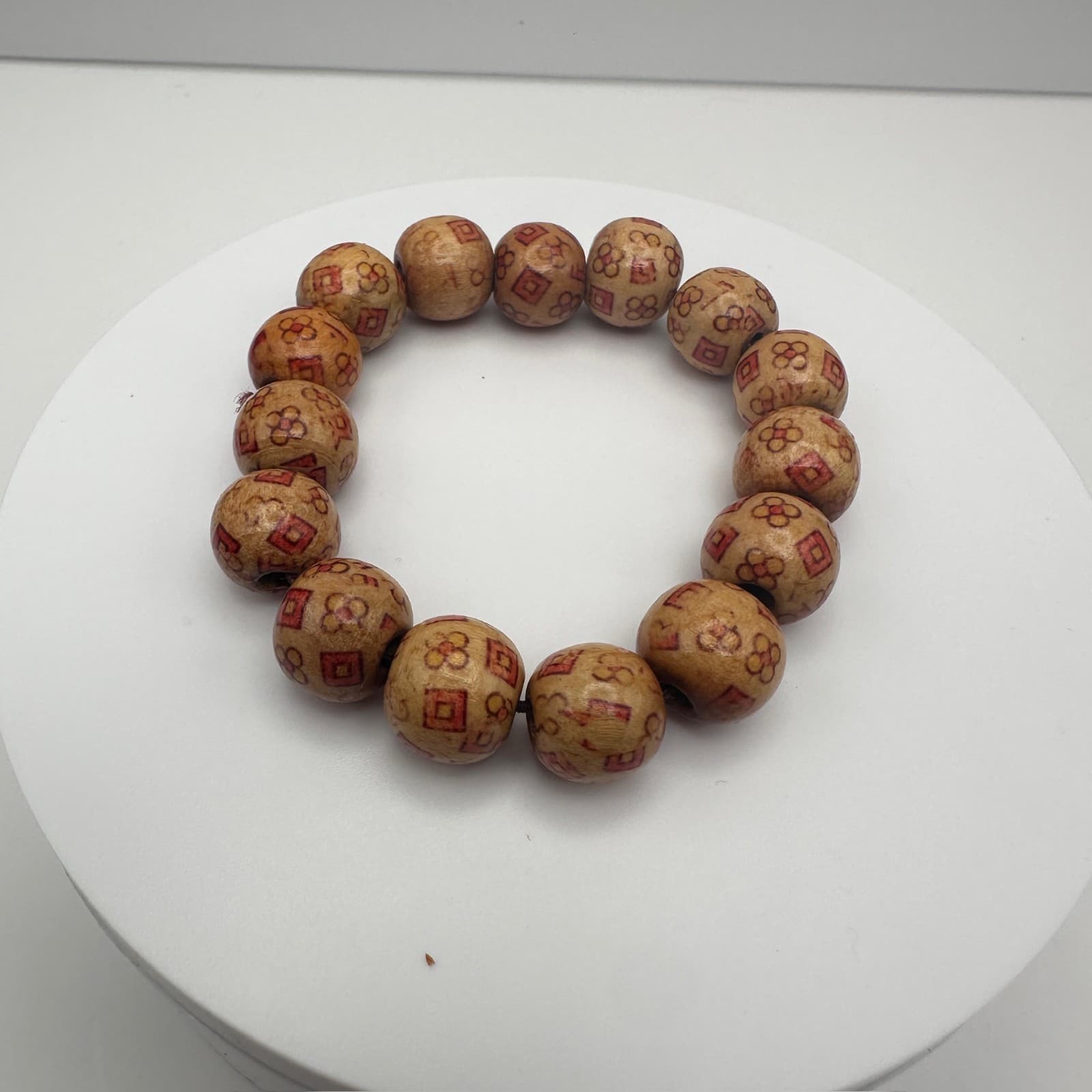 Vintage 80s Brown Wooden Bead Stretch Bracelet Copper Tone Women's Jewelry - Thumbnail 2