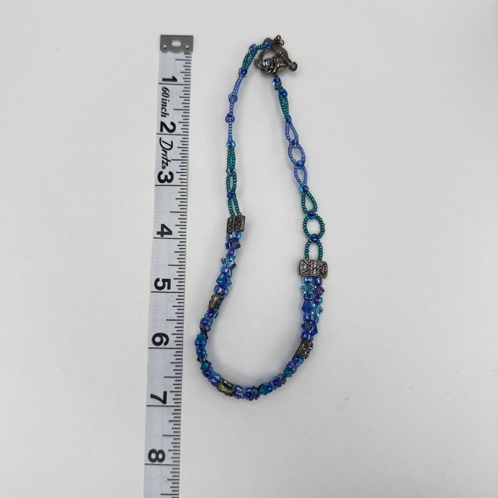 Vintage 90s Blue Crystal Bead Necklace Multi-Strand Silver Tone Women's Jewelry - Thumbnail 8