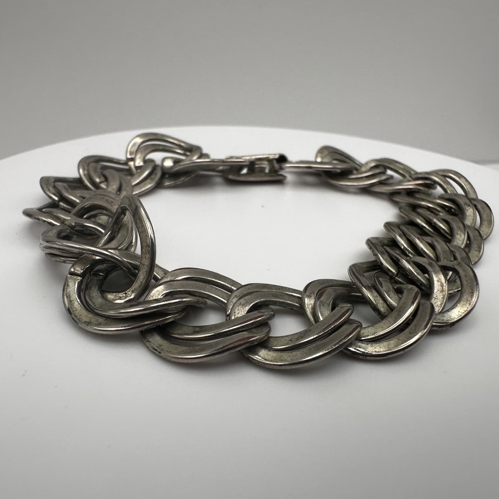 Vintage 90s Double Curb Link Bracelet Heavy Silver Tone Women's Jewelry - Thumbnail 2