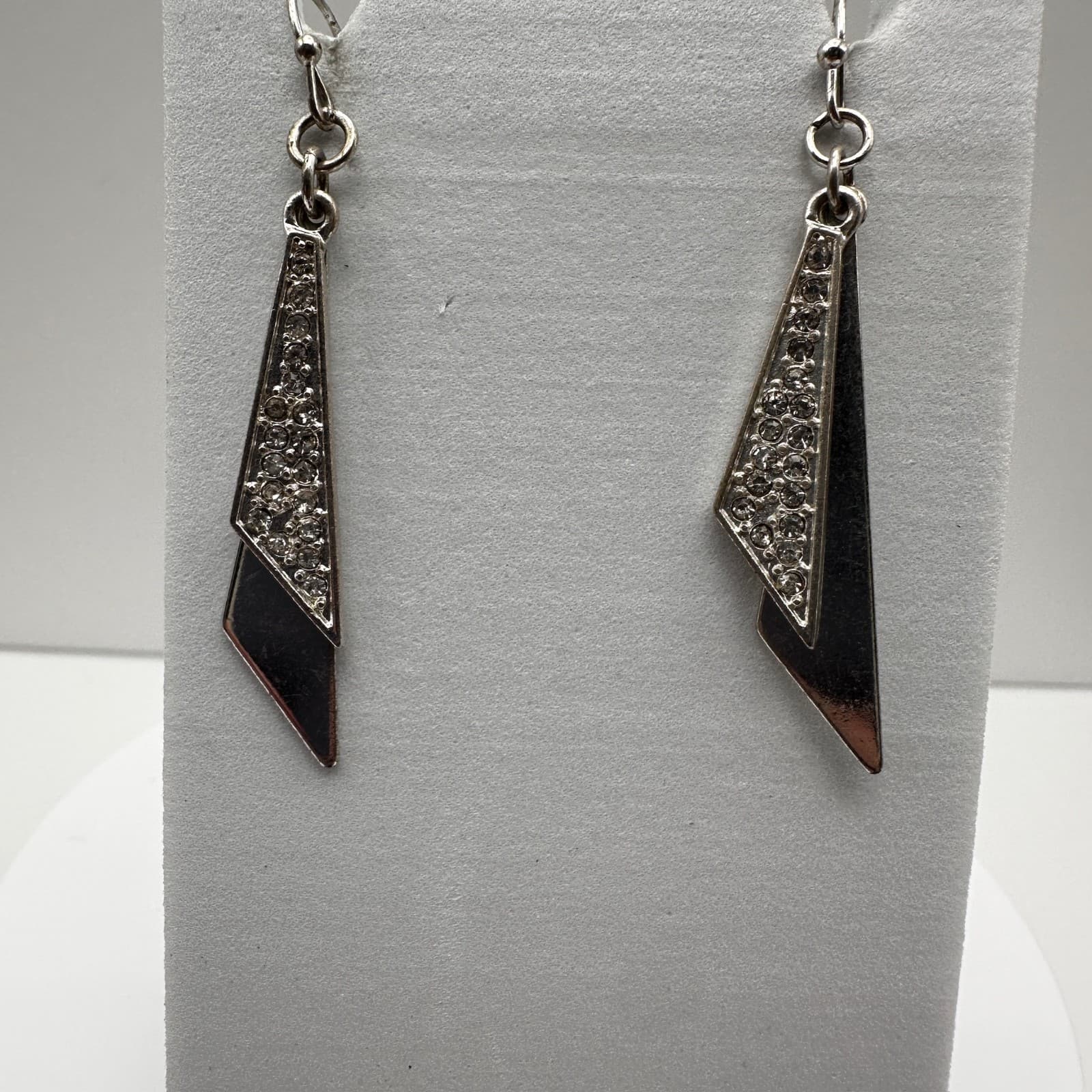 Vintage 90s Silver Tone Geometric Dangle Earrings Clear Rhionestone Modern Style - Image 1