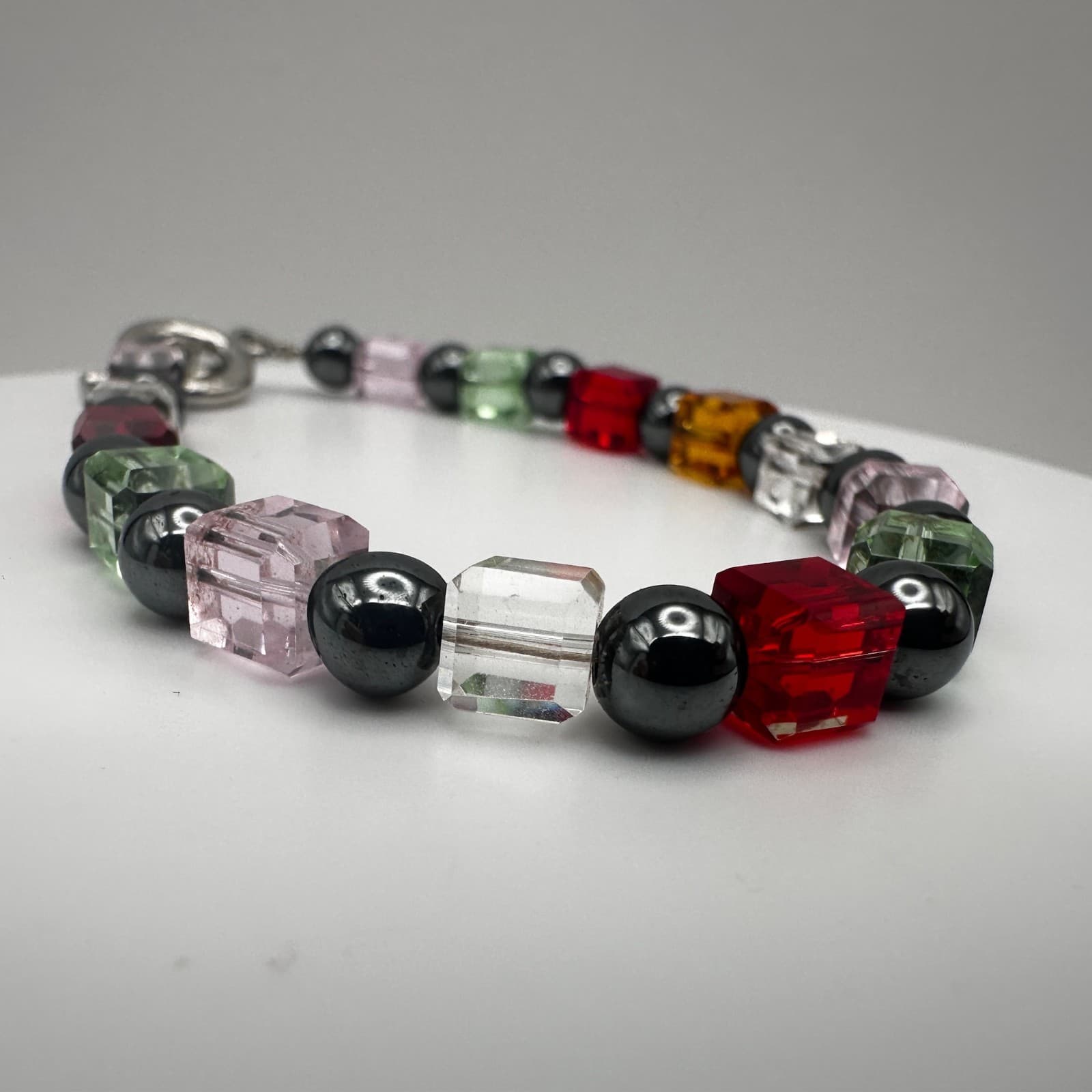 Vintage 90s Multi-Color Crystal Cube Beaded Bracelet Silver Tone Women's Jewelry - Thumbnail 6