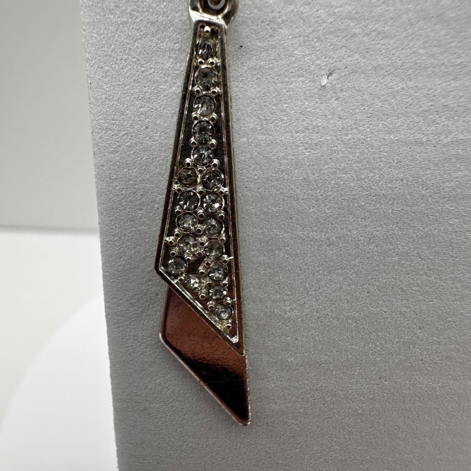 Vintage 90s Silver Tone Geometric Dangle Earrings Clear Rhionestone Modern Style - Thumbnail 4