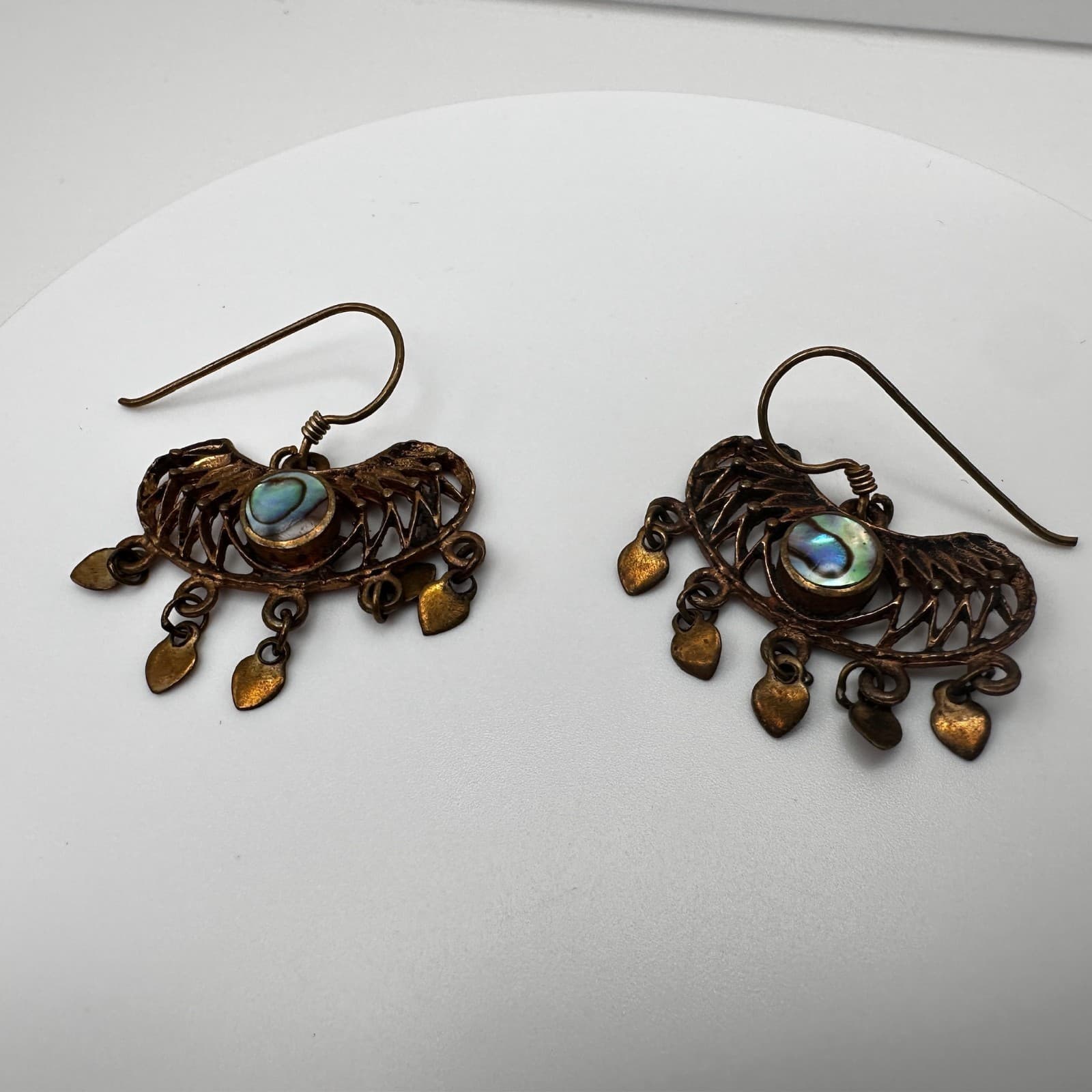 Vintage 80s 90s Brass Abalone Shell Dangle Earrings Filigree Heart Boho Fashion - Thumbnail 5