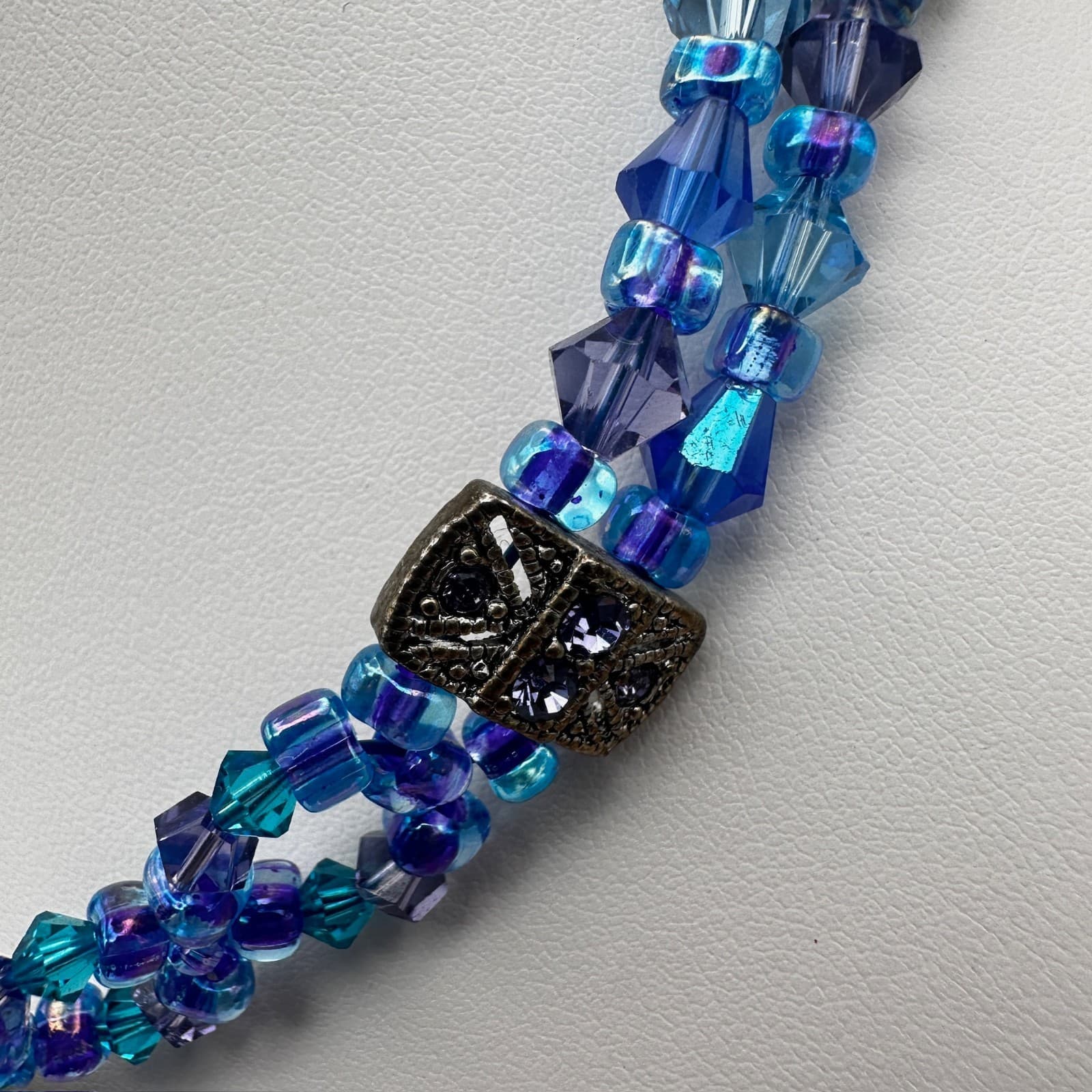 Vintage 90s Blue Crystal Bead Necklace Multi-Strand Silver Tone Women's Jewelry - Thumbnail 4