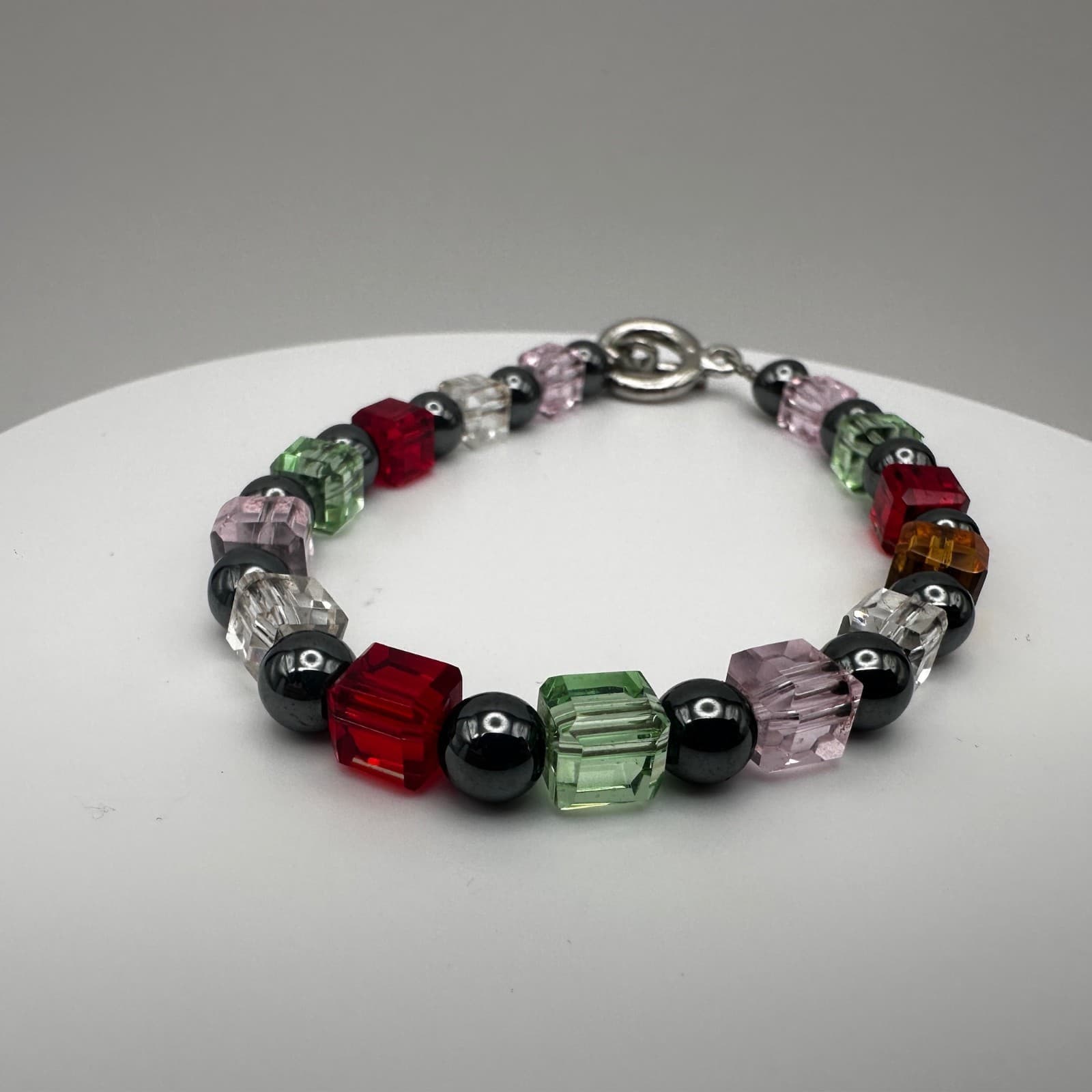 Vintage 90s Multi-Color Crystal Cube Beaded Bracelet Silver Tone Women's Jewelry - Thumbnail 3