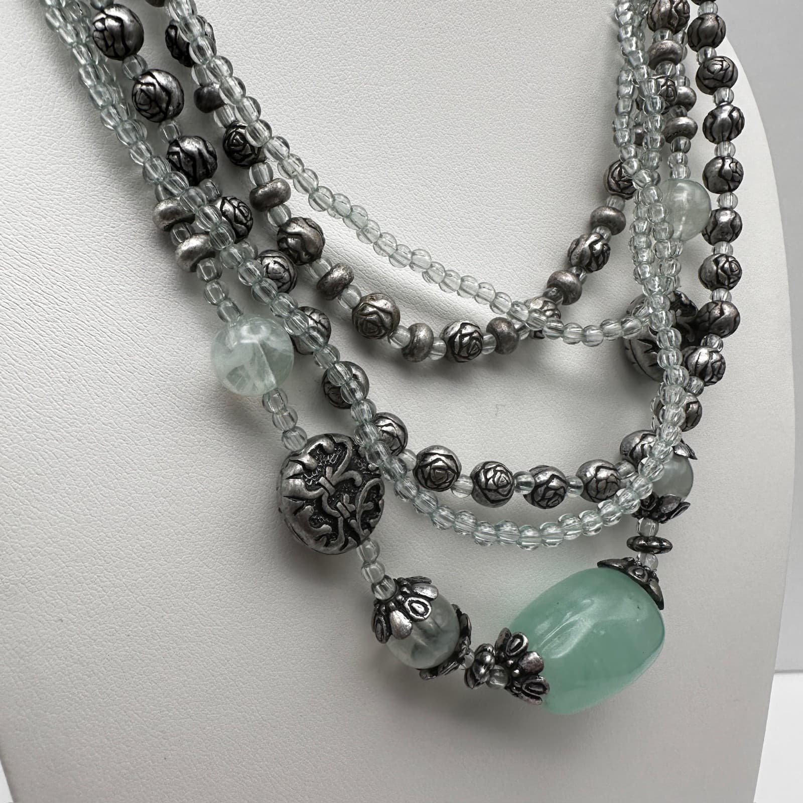 Vintage 90s Multi-Strand Beaded Necklace Silver Tone Rose Green Stone Boho - Thumbnail 3