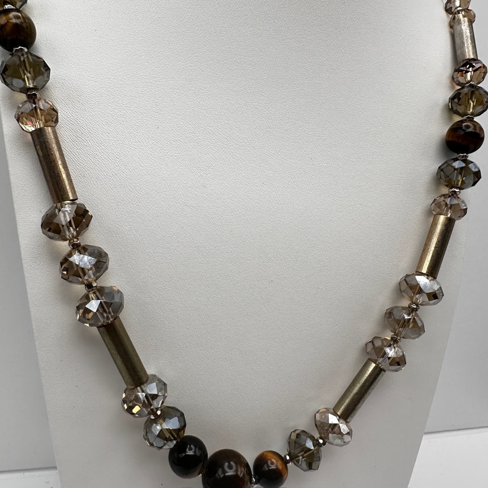 Vintage 90s LOFT Necklace Tiger's Eye Smokey Glass Bronze Tone Beaded Earthy - Thumbnail 3