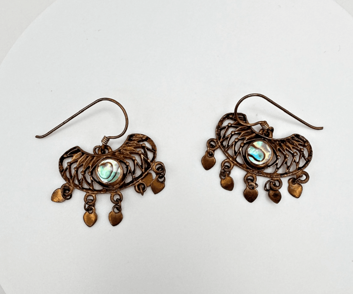Vintage 80s 90s Brass Abalone Shell Dangle Earrings Filigree Heart Boho Fashion - Image 1