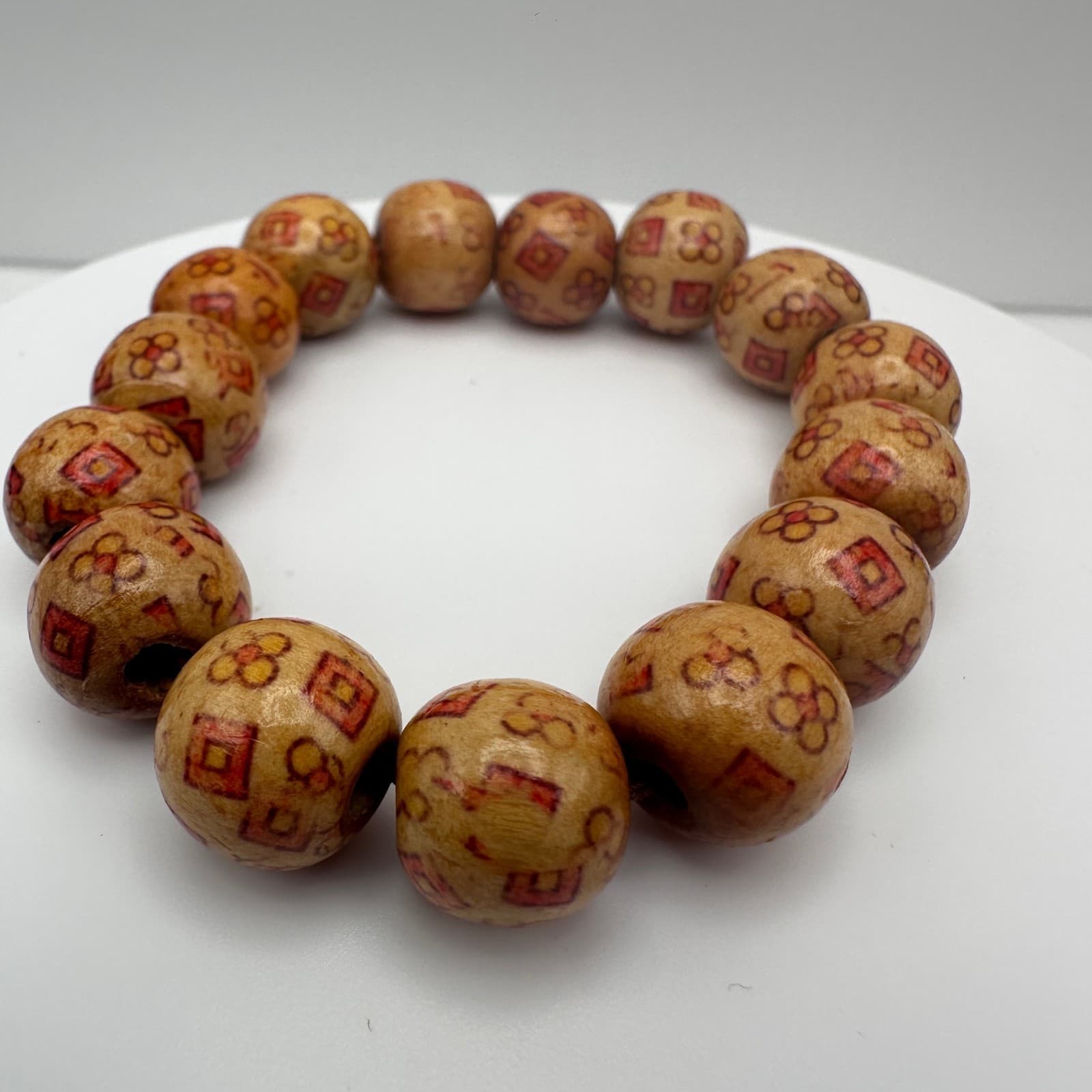 Vintage 80s Brown Wooden Bead Stretch Bracelet Copper Tone Women's Jewelry - Thumbnail 7