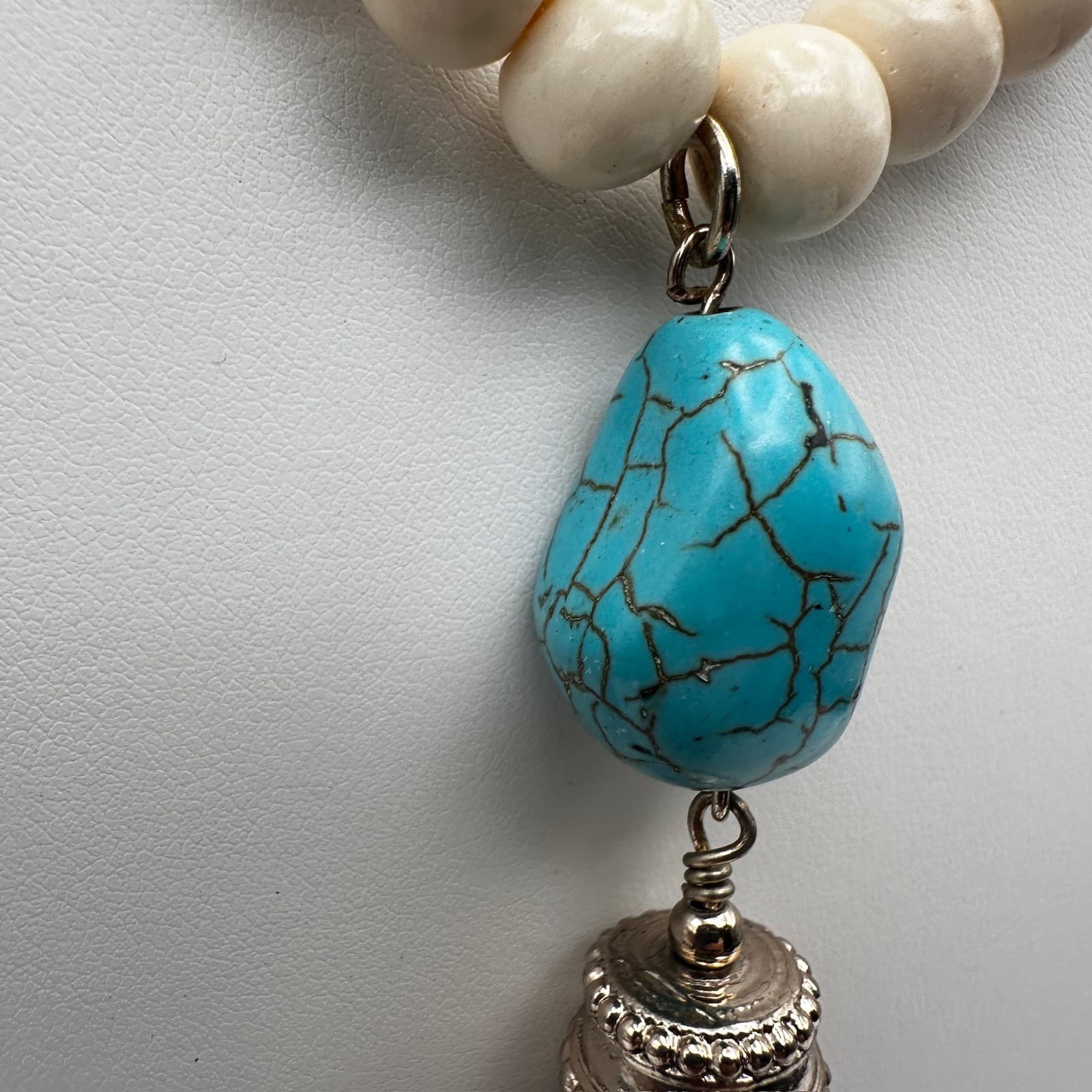 Vintage 90s Chico's Cream Beaded Necklace Faux Turquoise Tassel Boho Jewelry - Thumbnail 4