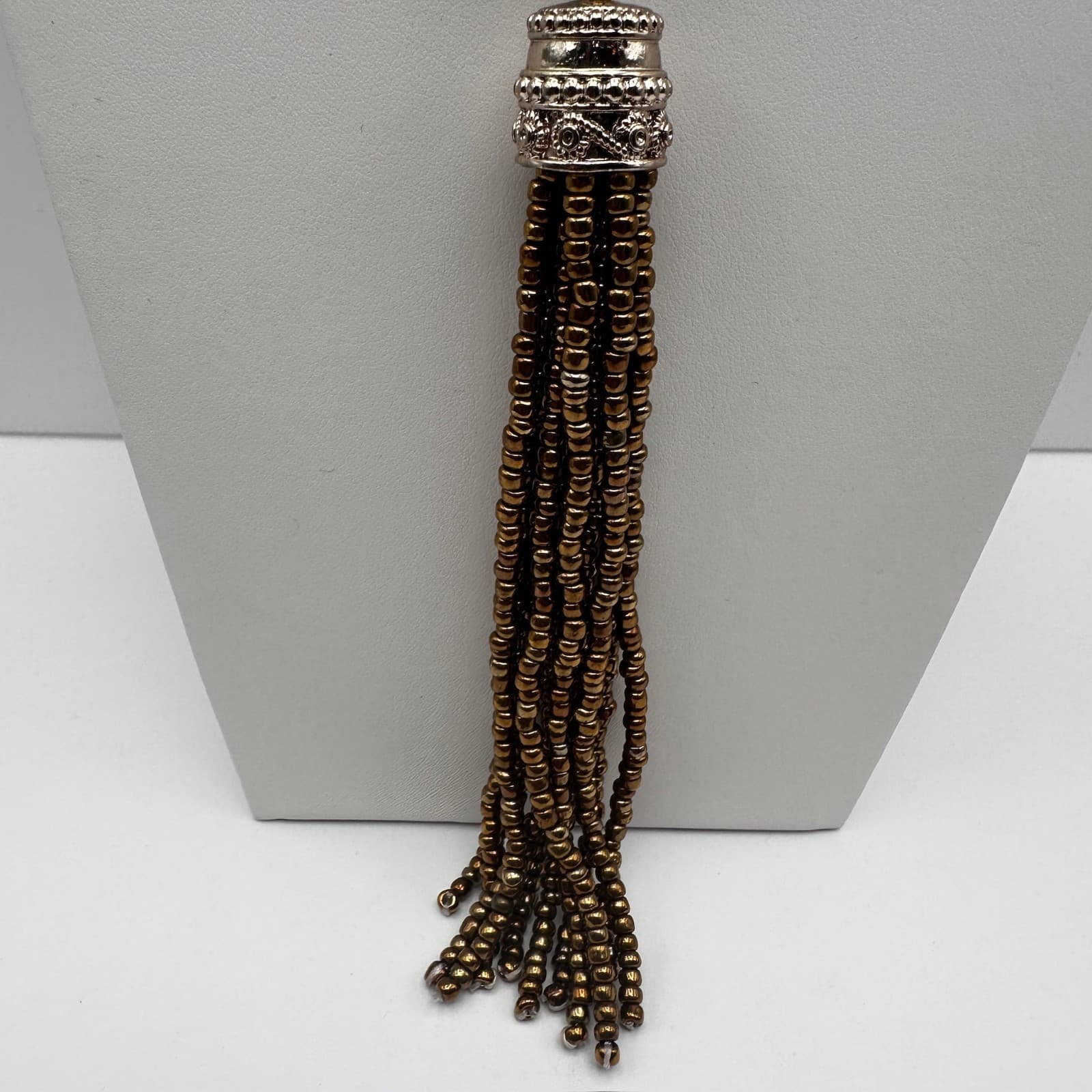 Vintage 90s Chico's Cream Beaded Necklace Faux Turquoise Tassel Boho Jewelry - Thumbnail 5