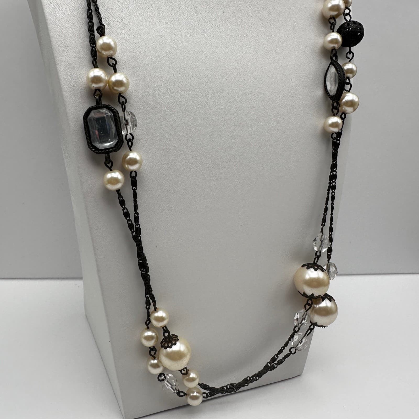 Vintage 90s Faux Pearl Layered Long Station Necklace Women's Classic Jewelry - Thumbnail 2