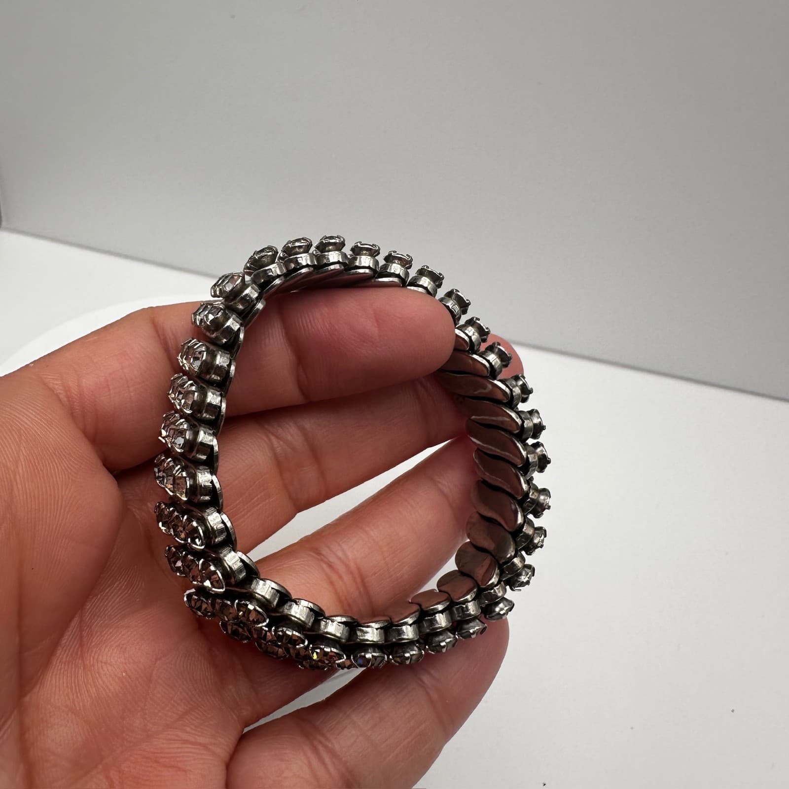 Vintage 90s Rhinestone Stretch Bracelet Glamour Silver Stone Women's Jewelry - Thumbnail 7