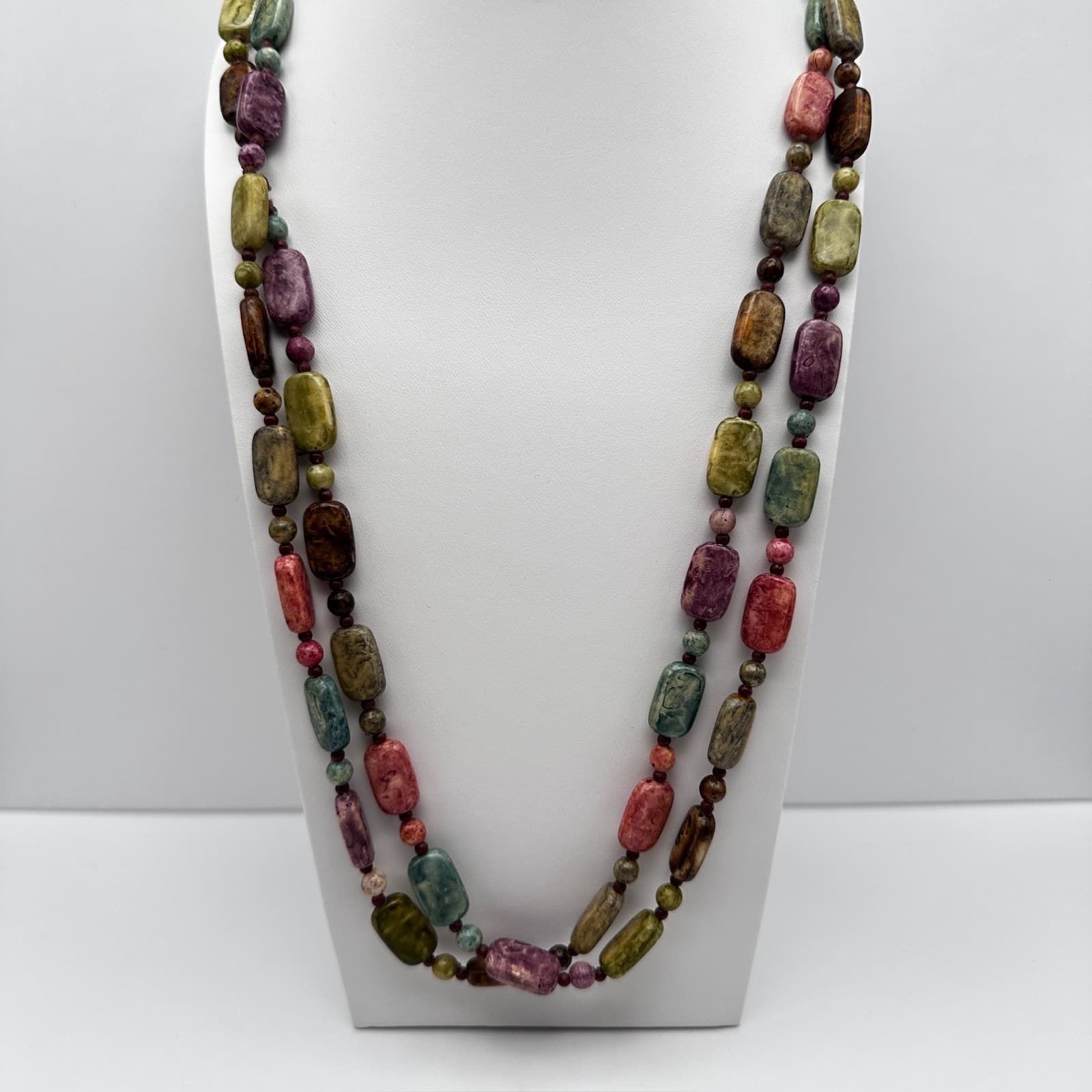 Vintage 90s Multi-Color Stone Bead Statement Necklace Earthy Women's Jewelry - Thumbnail 2