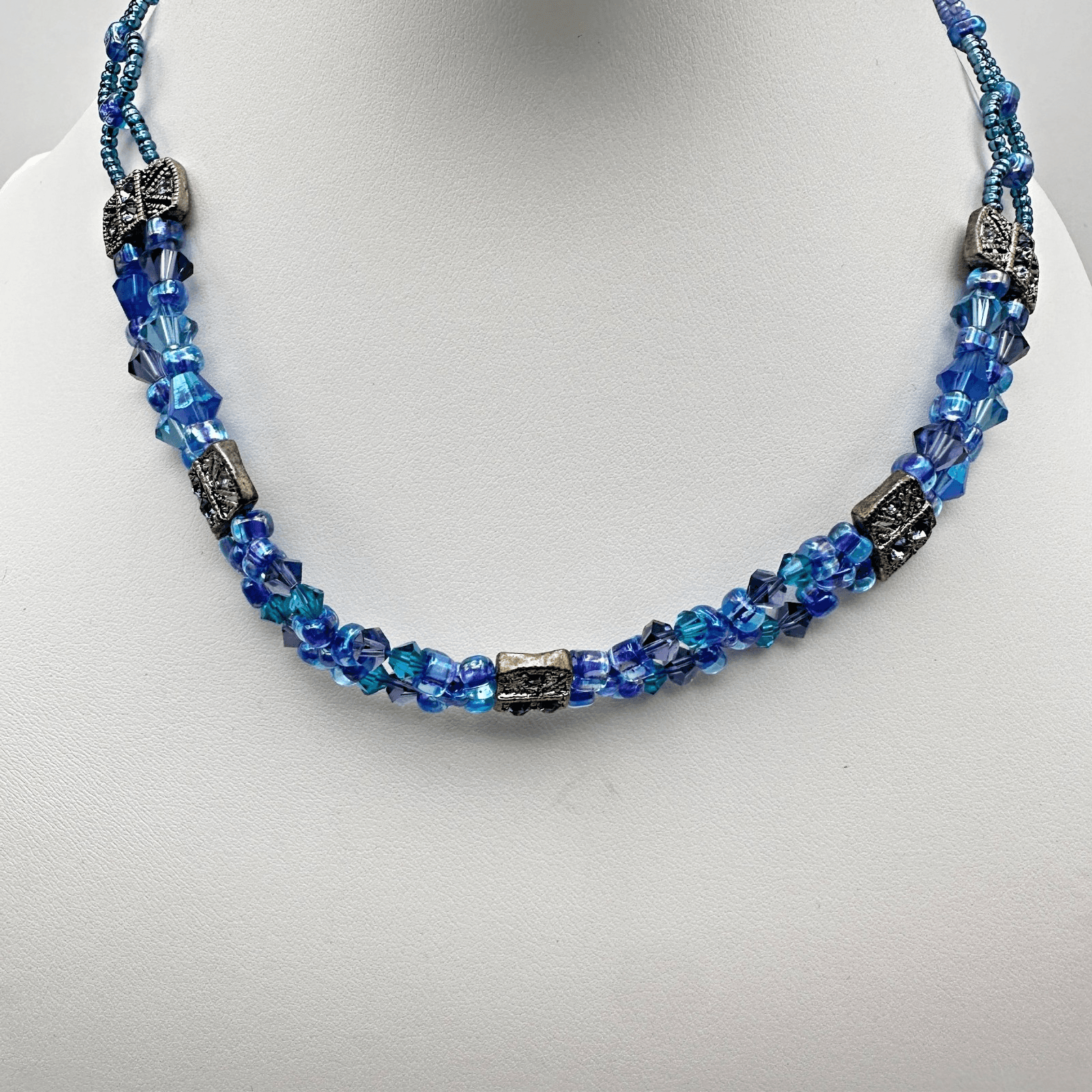 Vintage 90s Blue Crystal Bead Necklace Multi-Strand Silver Tone Women's Jewelry - Image 1