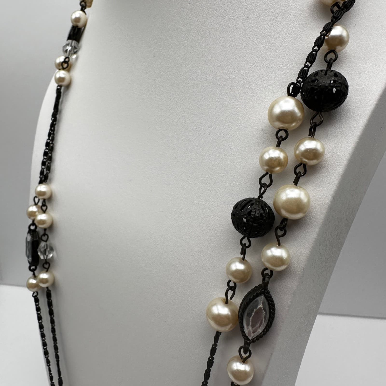 Vintage 90s Faux Pearl Layered Long Station Necklace Women's Classic Jewelry - Thumbnail 7