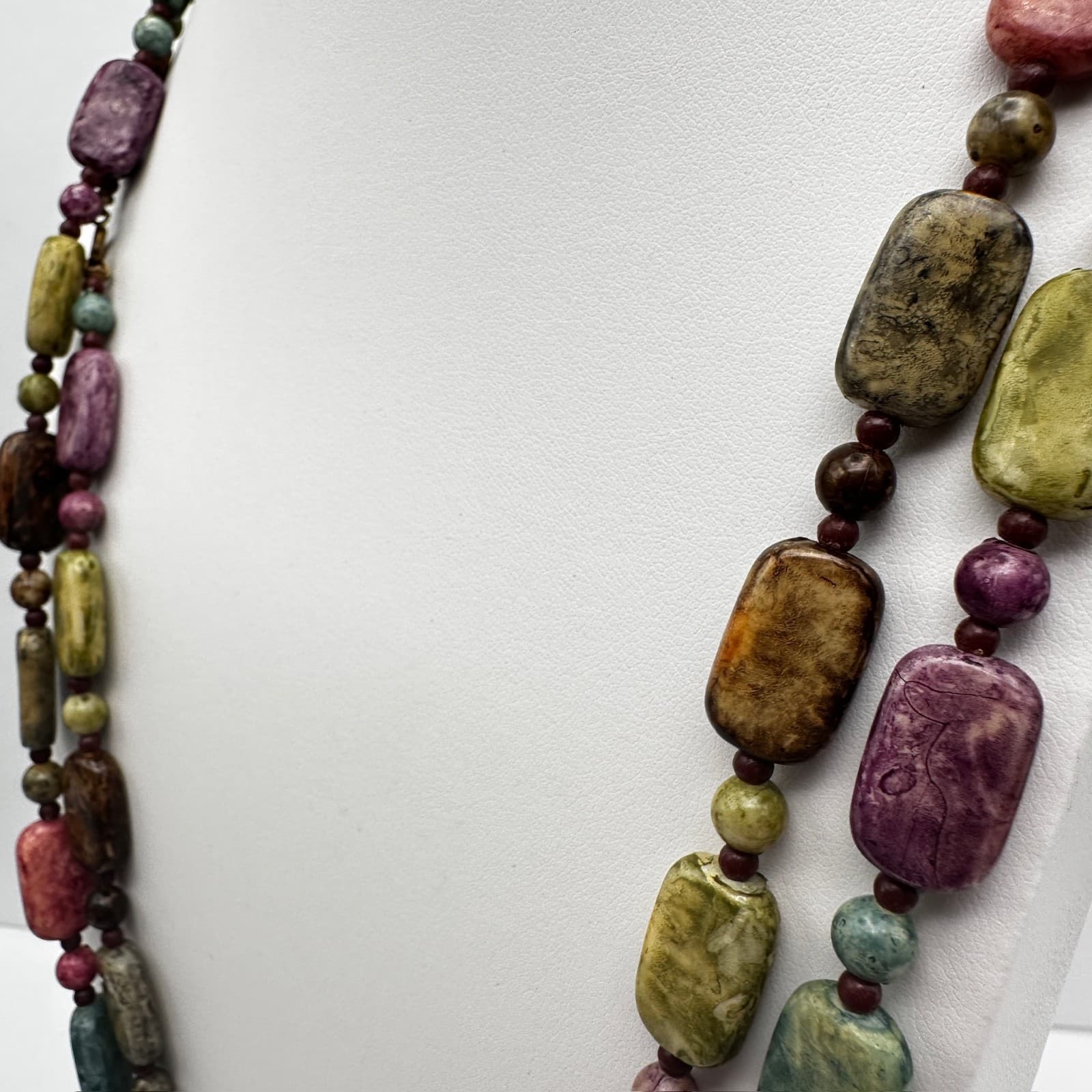 Vintage 90s Multi-Color Stone Bead Statement Necklace Earthy Women's Jewelry - Thumbnail 7