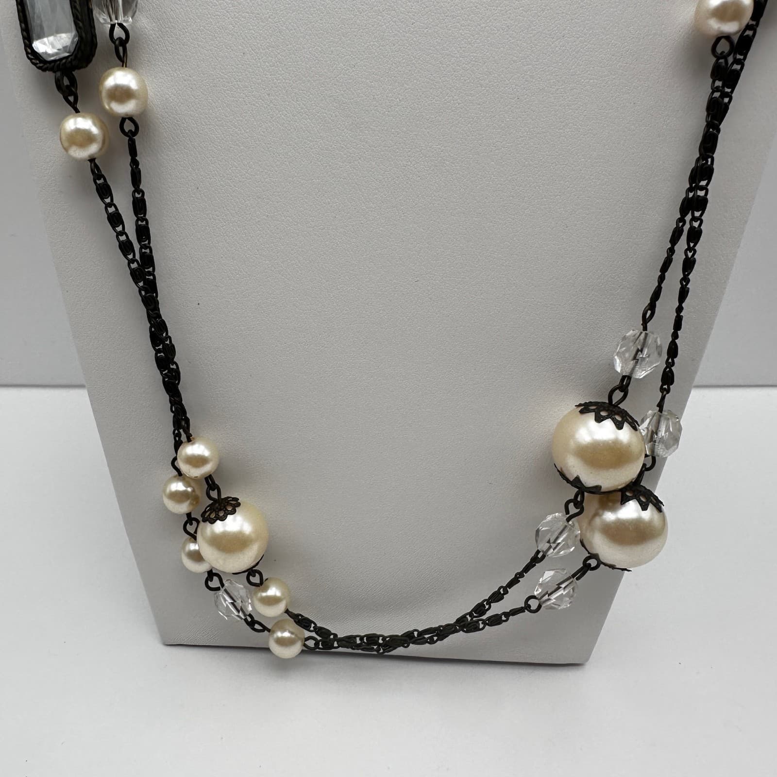Vintage 90s Faux Pearl Layered Long Station Necklace Women's Classic Jewelry - Thumbnail 5
