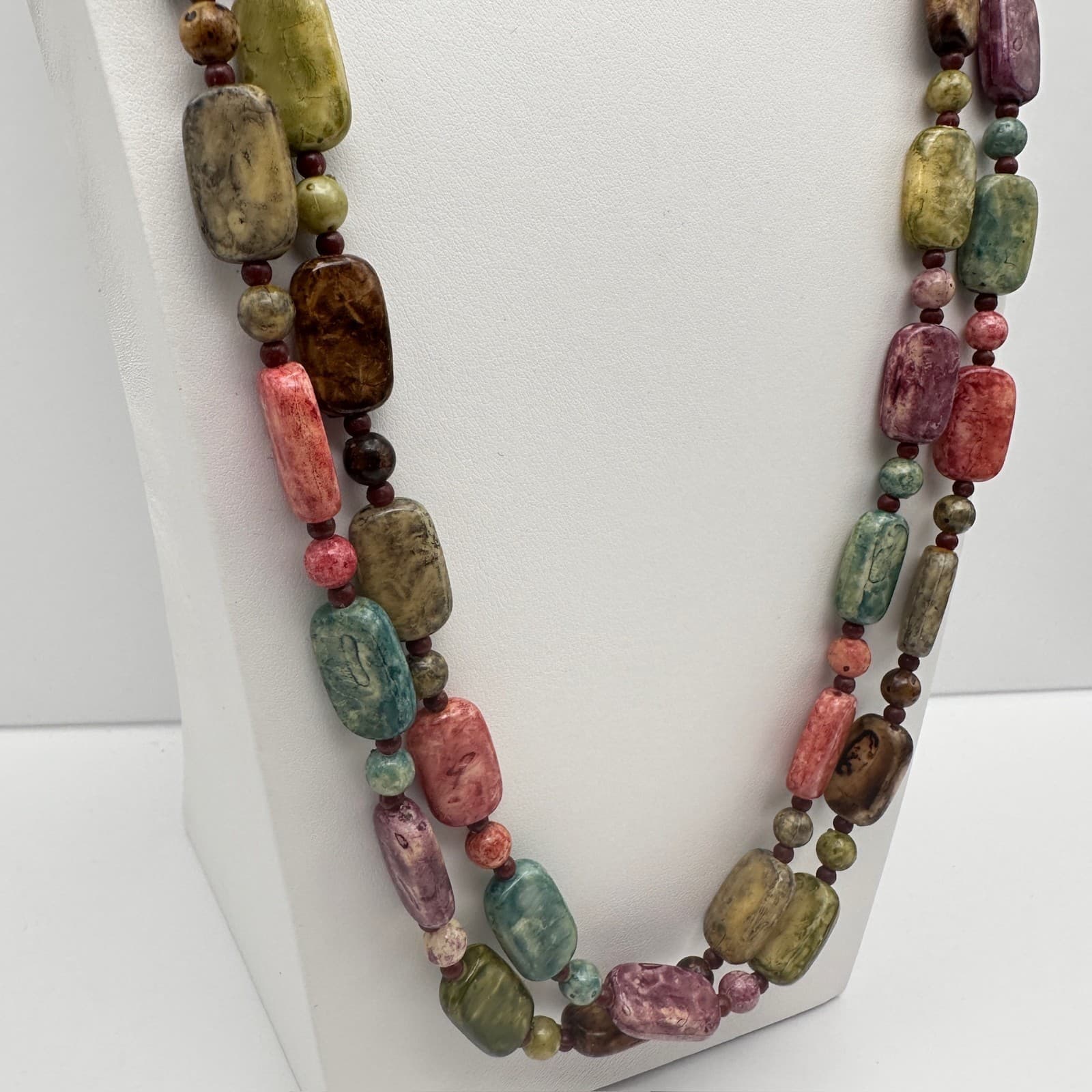 Vintage 90s Multi-Color Stone Bead Statement Necklace Earthy Women's Jewelry - Thumbnail 3