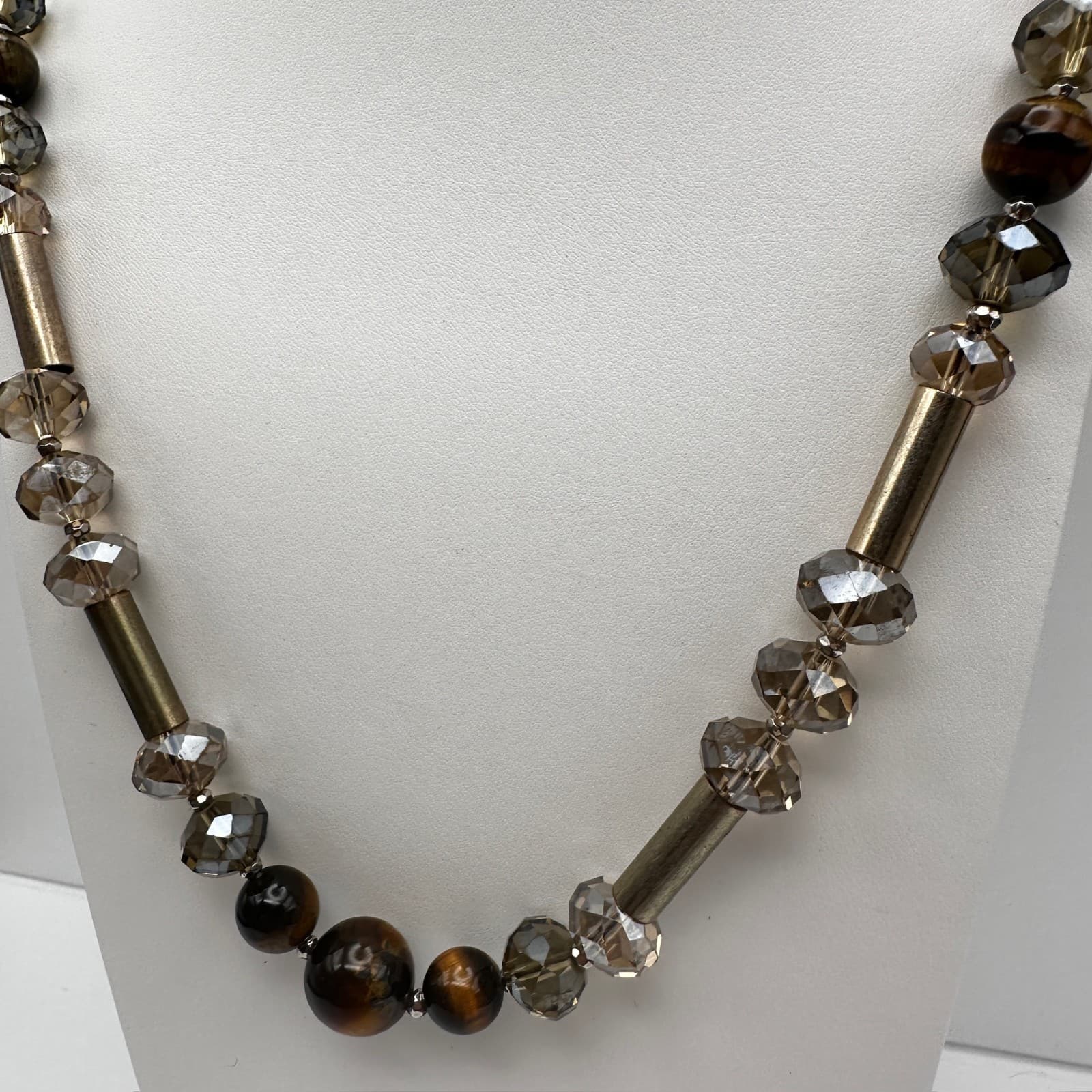 Vintage 90s LOFT Necklace Tiger's Eye Smokey Glass Bronze Tone Beaded Earthy - Thumbnail 4