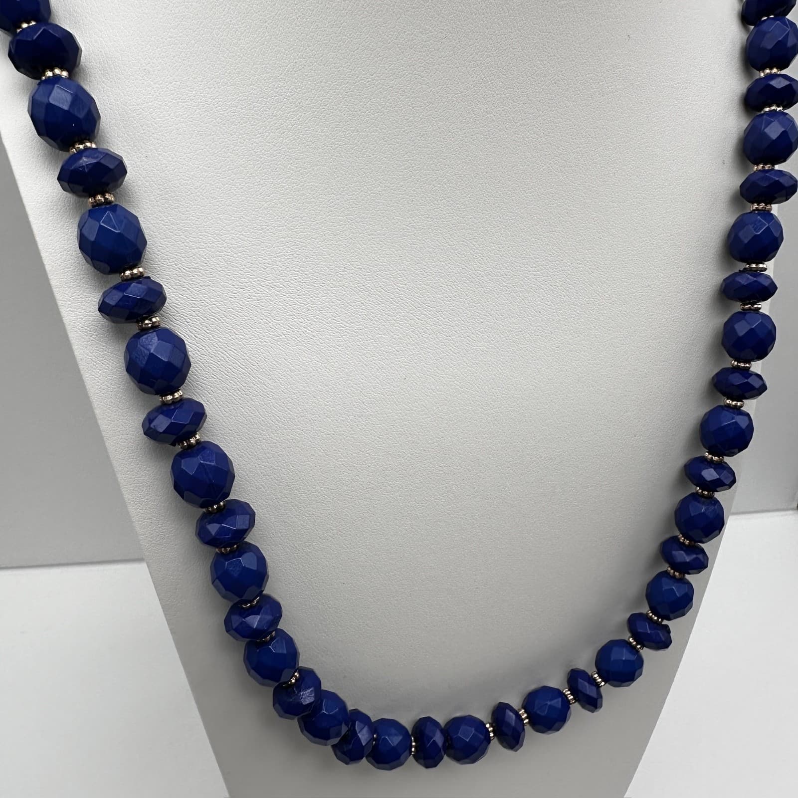 Vintage 90s Gold Tone Blue Faceted Beaded Statement Necklace Women's Jewelry - Thumbnail 5