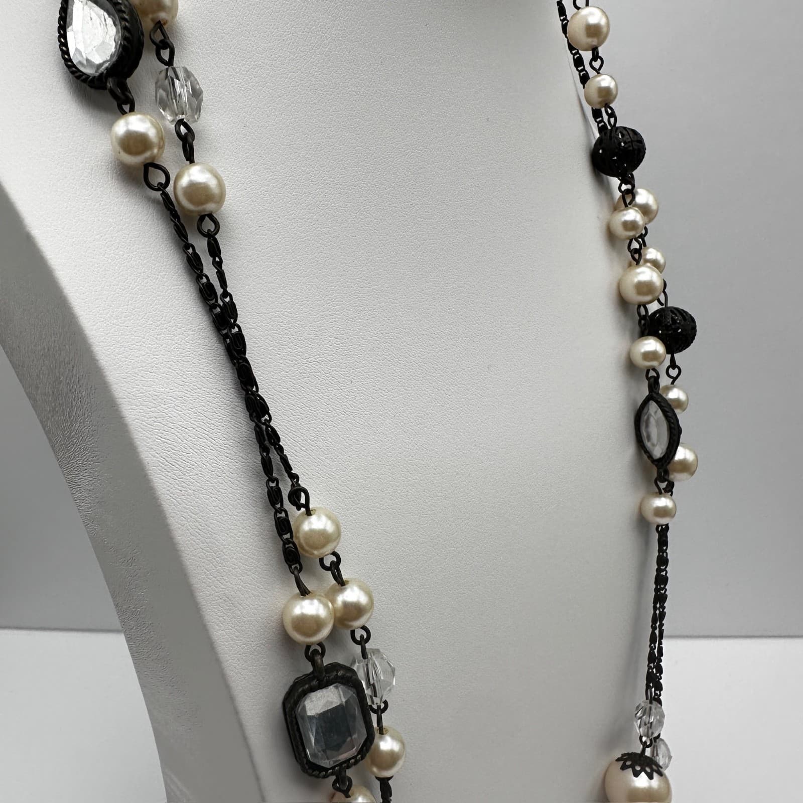 Vintage 90s Faux Pearl Layered Long Station Necklace Women's Classic Jewelry - Thumbnail 6