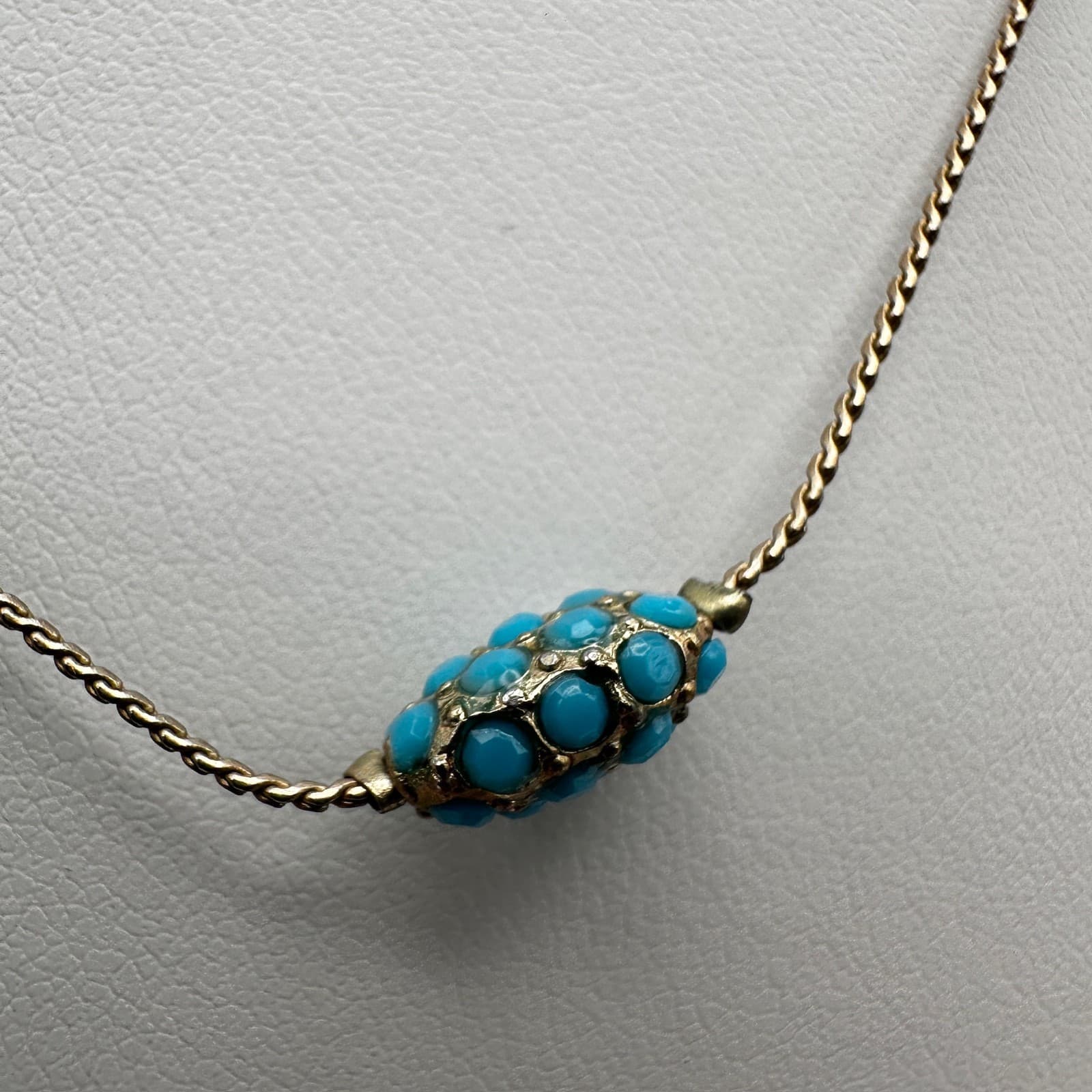 Vintage 90s Gold Tone Long Station Necklace Blue Turquoise Glass Bead Oval - Thumbnail 4