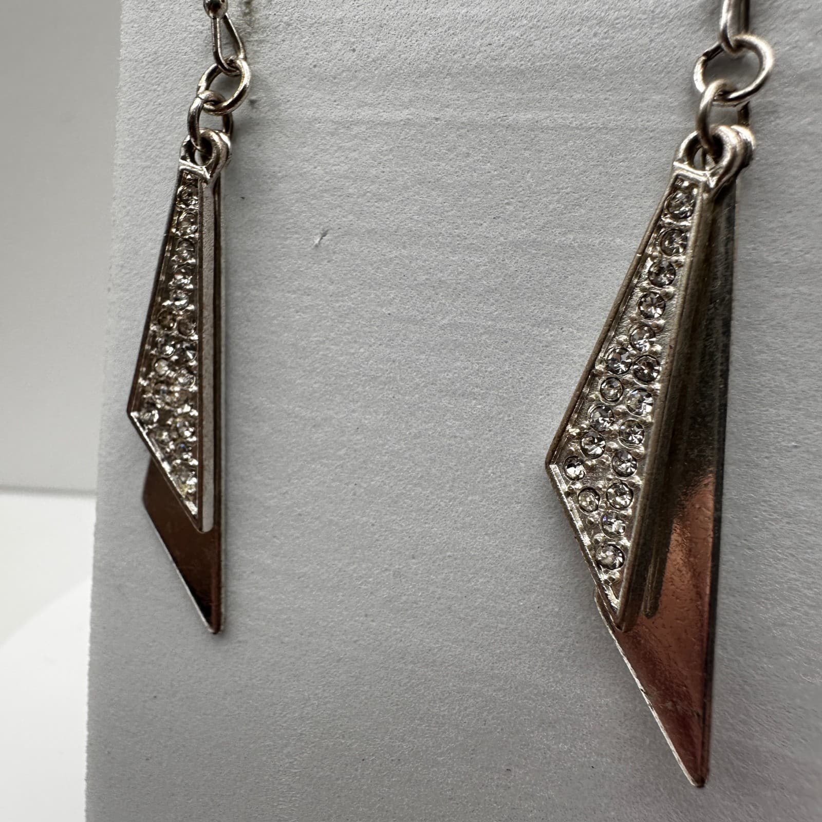 Vintage 90s Silver Tone Geometric Dangle Earrings Clear Rhionestone Modern Style - Thumbnail 3