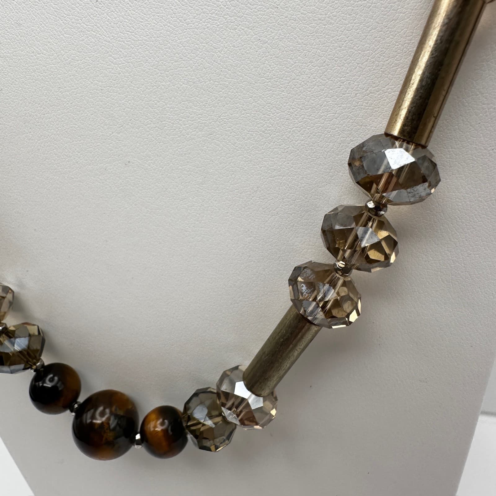 Vintage 90s LOFT Necklace Tiger's Eye Smokey Glass Bronze Tone Beaded Earthy - Thumbnail 5