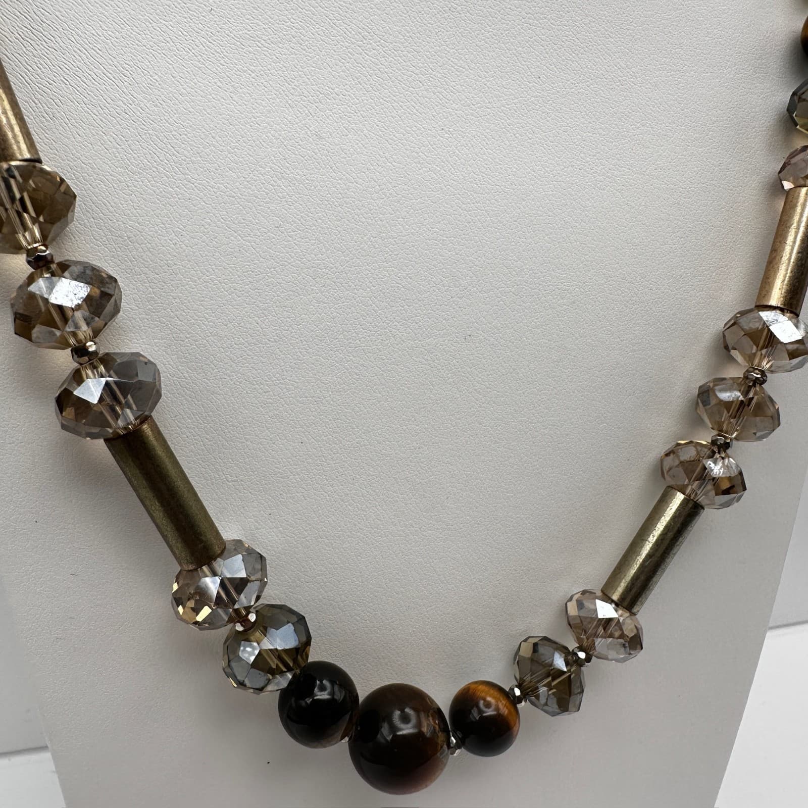 Vintage 90s LOFT Necklace Tiger's Eye Smokey Glass Bronze Tone Beaded Earthy - Thumbnail 7