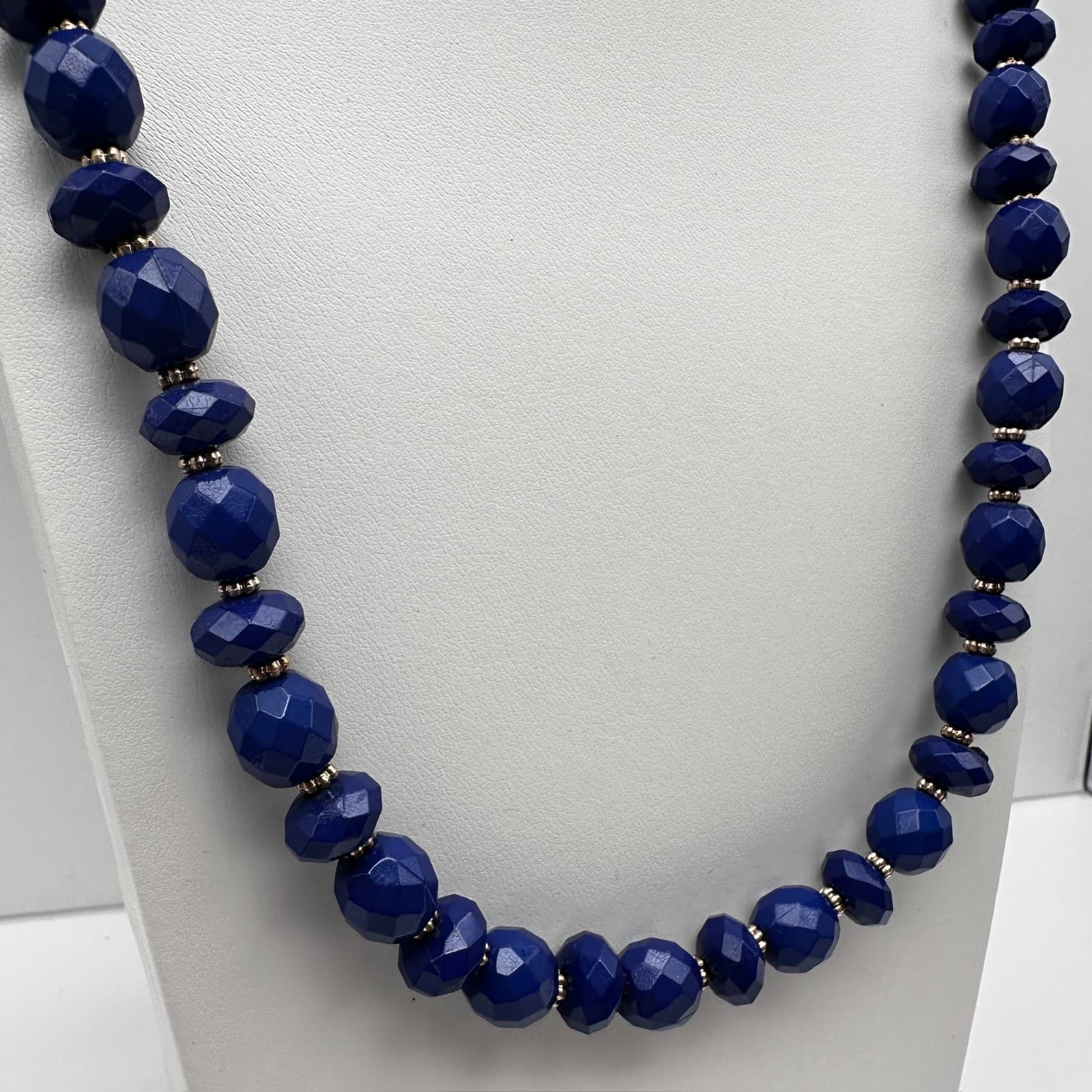 Vintage 90s Gold Tone Blue Faceted Beaded Statement Necklace Women's Jewelry - Thumbnail 3