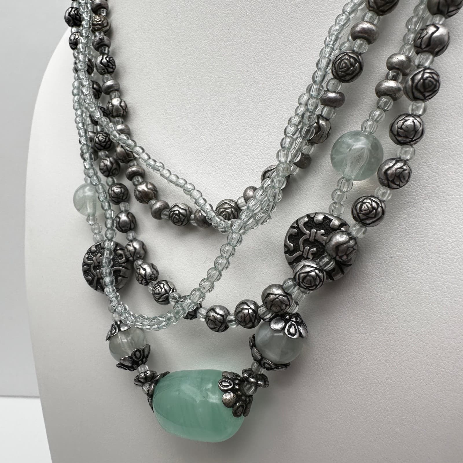 Vintage 90s Multi-Strand Beaded Necklace Silver Tone Rose Green Stone Boho - Thumbnail 4