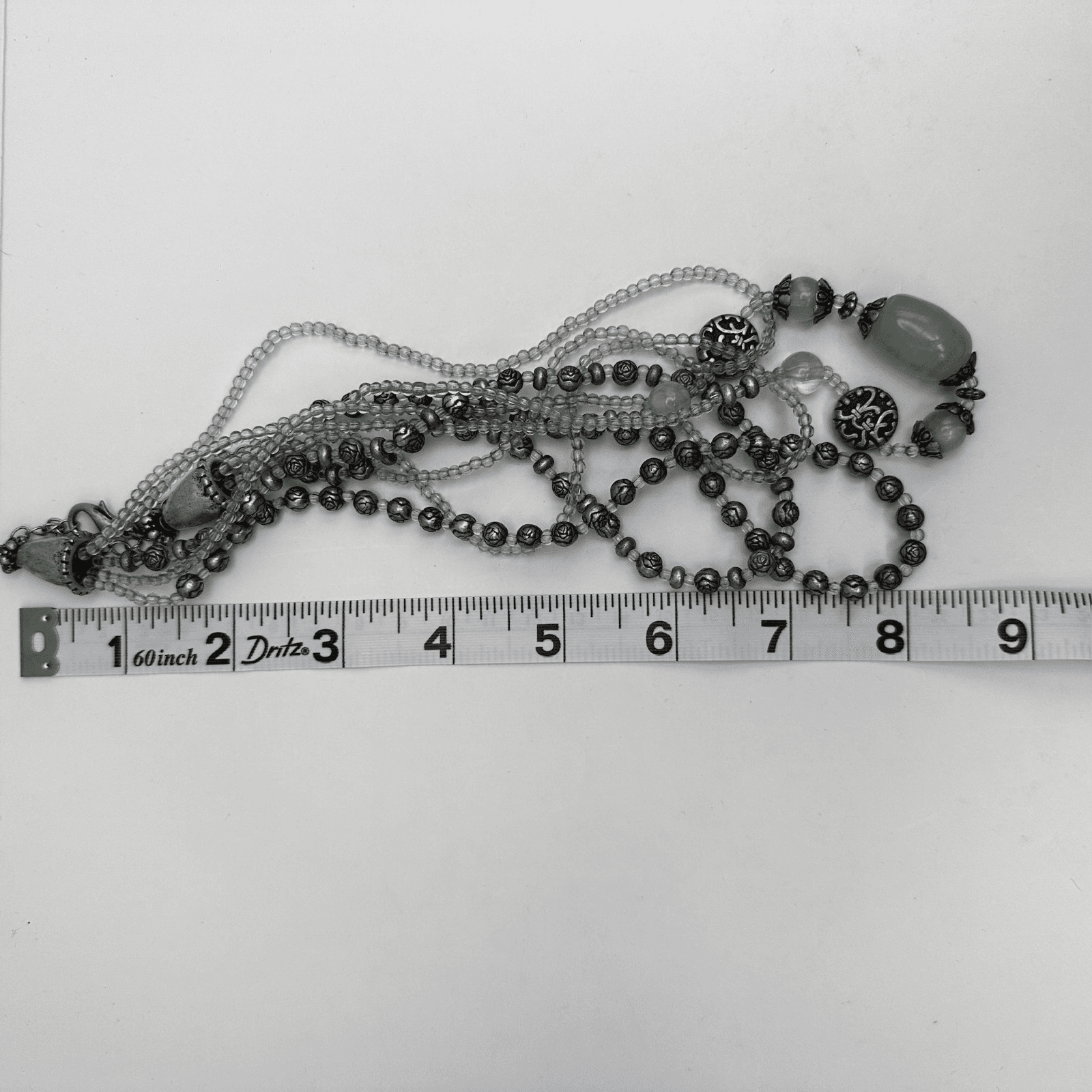 Vintage 90s Multi-Strand Beaded Necklace Silver Tone Rose Green Stone Boho - Thumbnail 10