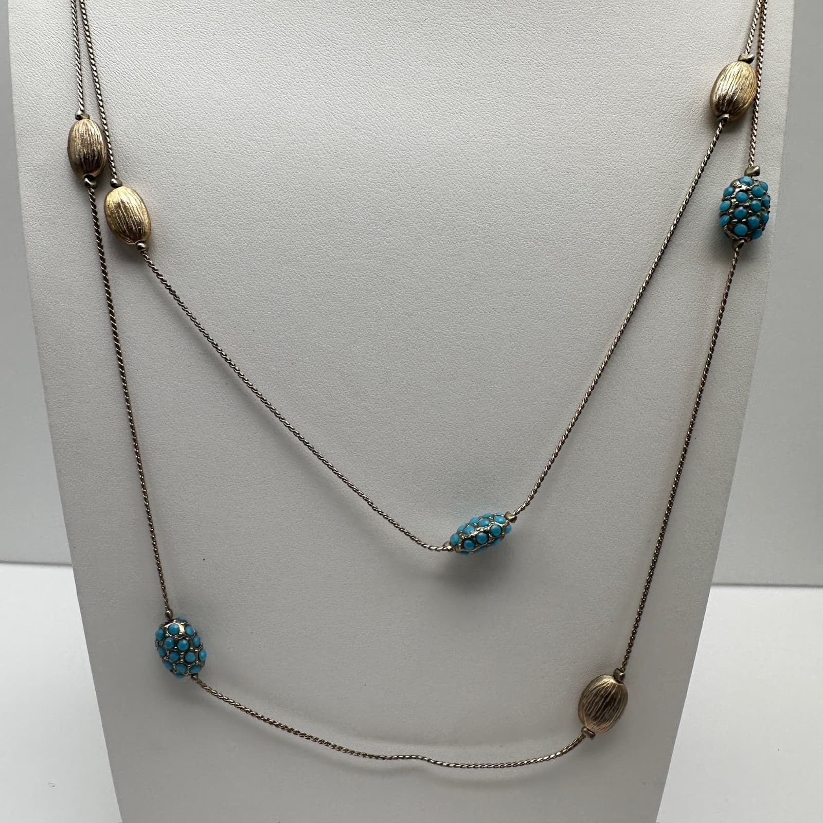 Vintage 90s Gold Tone Long Station Necklace Blue Turquoise Glass Bead Oval - Thumbnail 2