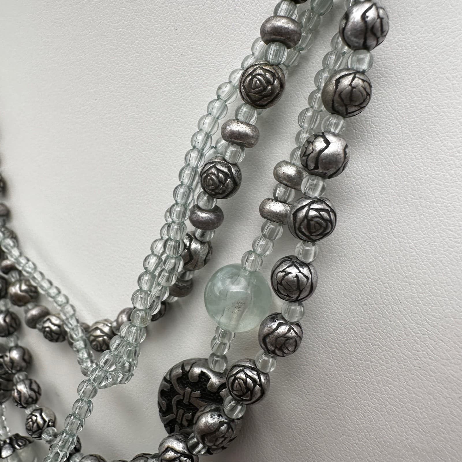 Vintage 90s Multi-Strand Beaded Necklace Silver Tone Rose Green Stone Boho - Thumbnail 6