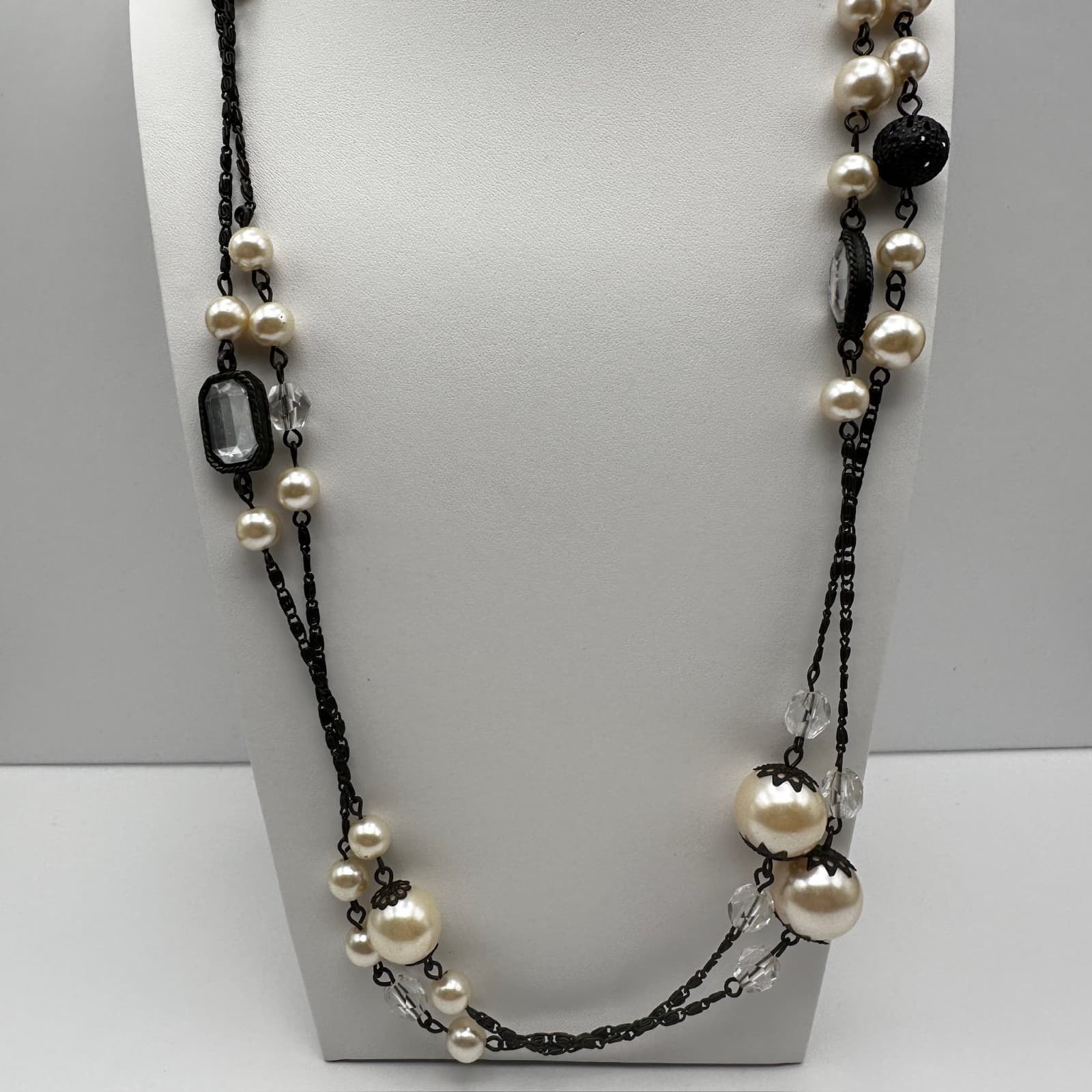 Vintage 90s Faux Pearl Layered Long Station Necklace Women's Classic Jewelry - Image 1