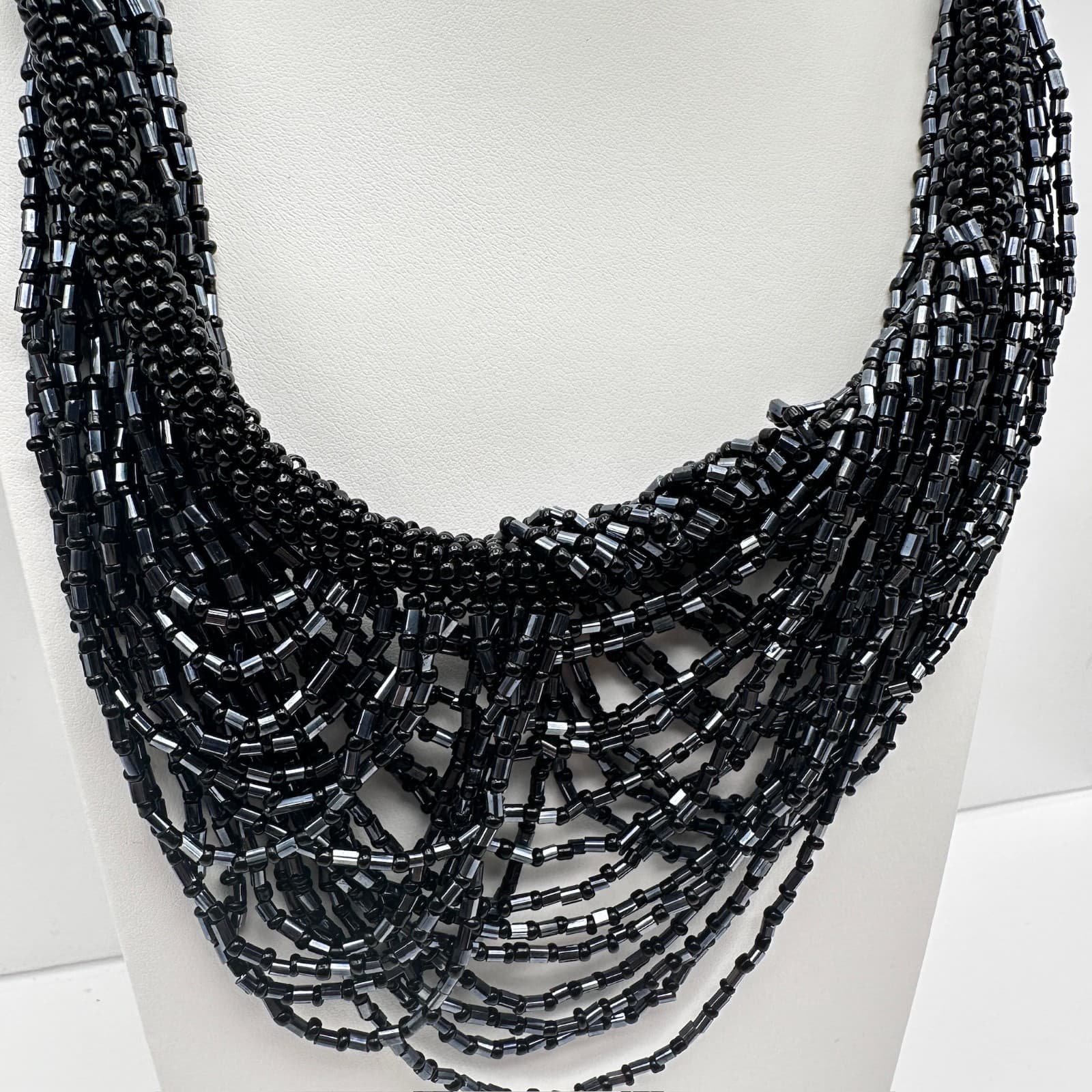 Vintage 90s ZAD Black Multi-Strand Seed Bead Bib Necklace Boho Statement Goth - Thumbnail 2