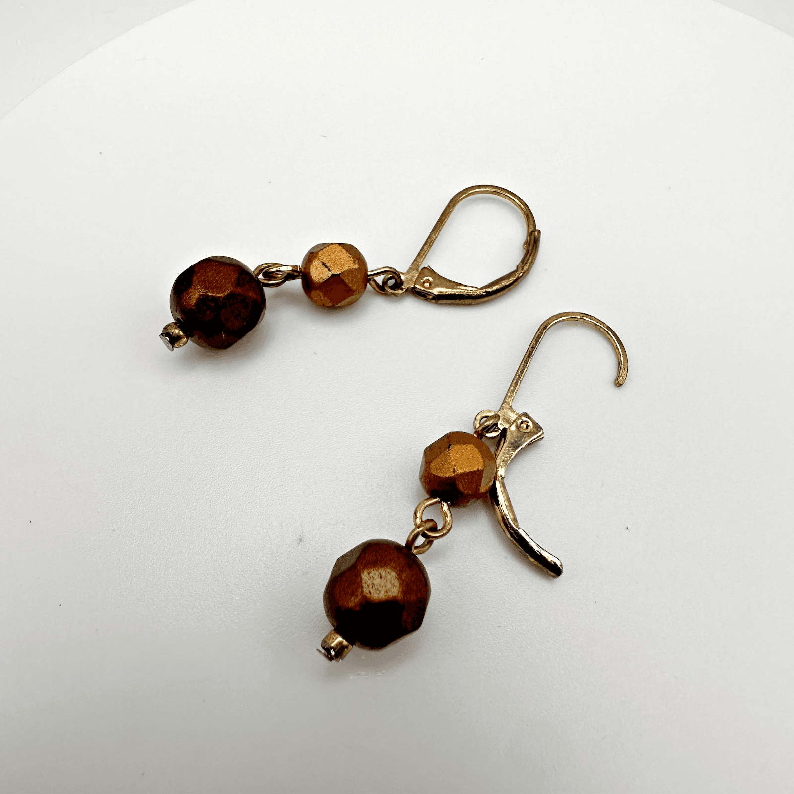 Vintage 90s Bronze Tone Beaded Drop Earrings Gold Tone Leverback Fashion Jewelry - Image 1