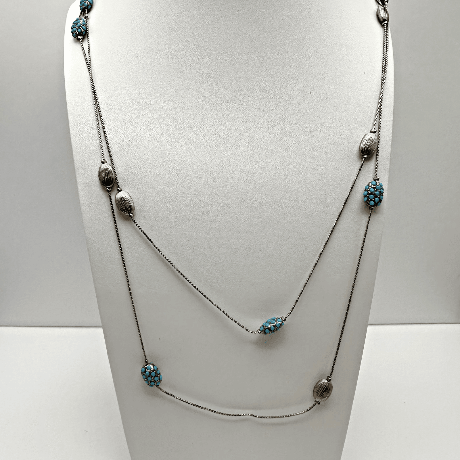 Vintage 90s Gold Tone Long Station Necklace Blue Turquoise Glass Bead Oval - Image 1