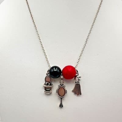 Vintage 90s Red Black Resin Beads Charm Necklace Silver Tone Women's Jewelry - Thumbnail 2