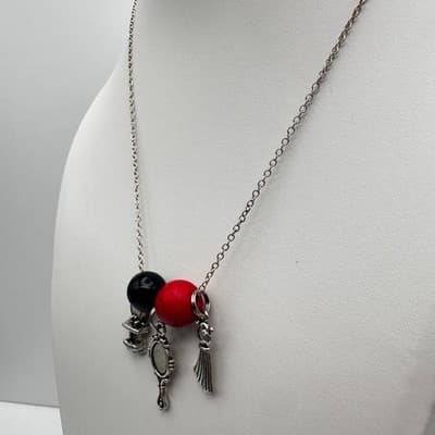 Vintage 90s Red Black Resin Beads Charm Necklace Silver Tone Women's Jewelry - Thumbnail 5