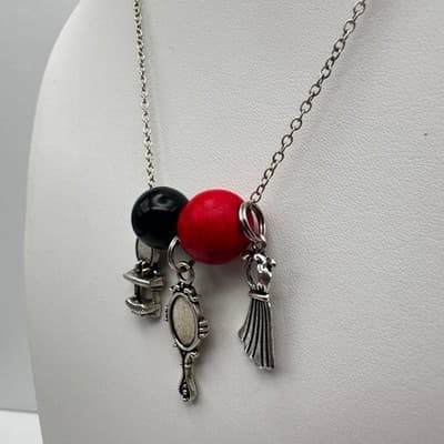 Vintage 90s Red Black Resin Beads Charm Necklace Silver Tone Women's Jewelry - Thumbnail 4