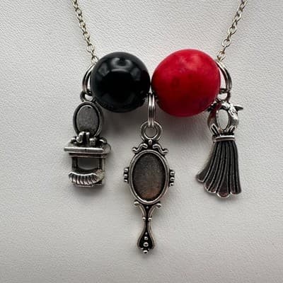 Vintage 90s Red Black Resin Beads Charm Necklace Silver Tone Women's Jewelry - Image 1