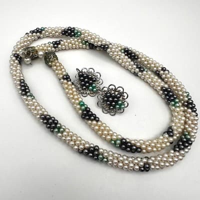 Vintage 80s Faux Pearl Twisted Rope Necklace & Earrings Set Silver Tone Women's - Image 1