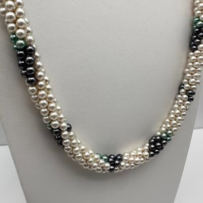 Vintage 80s Faux Pearl Twisted Rope Necklace & Earrings Set Silver Tone Women's - Thumbnail 4