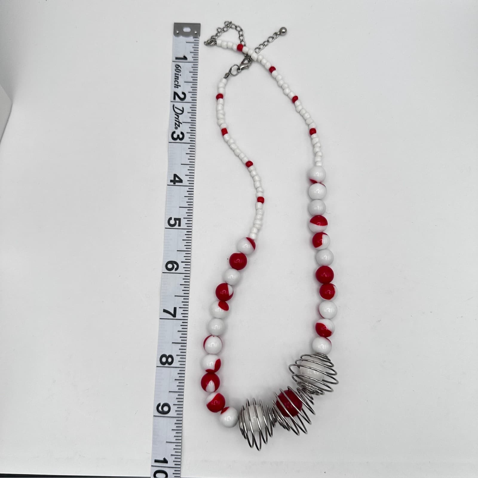 Vintage 90s Red White Bead Necklace Cage Dangle Earrings Silver Tone Jewelry set - Thumbnail 17