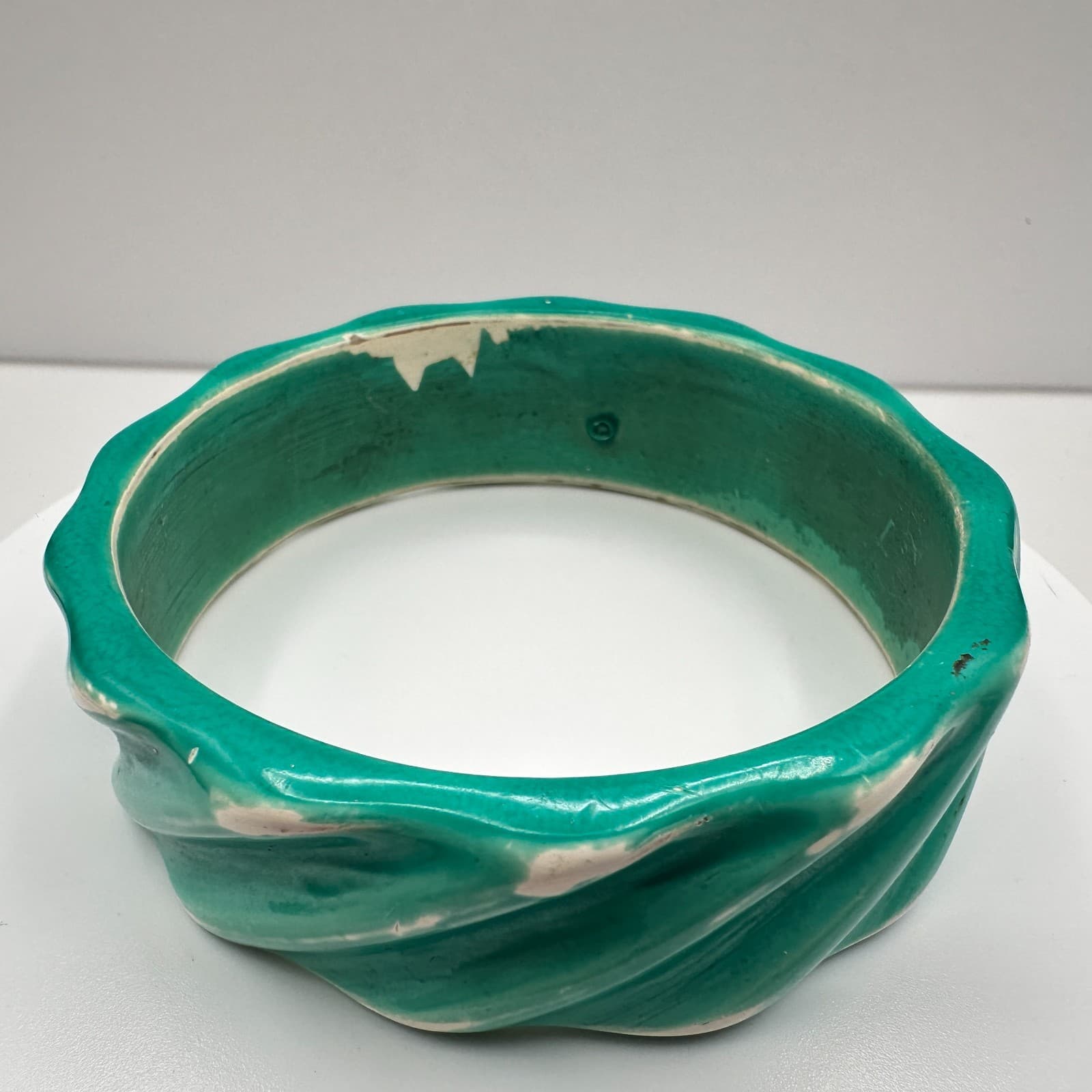 Vintage 80s See Green Ceramic Bracelet Twisted Ribbed Chunky Pottery Jewelry - Thumbnail 4