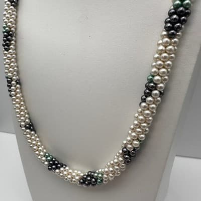 Vintage 80s Faux Pearl Twisted Rope Necklace & Earrings Set Silver Tone Women's - Thumbnail 8