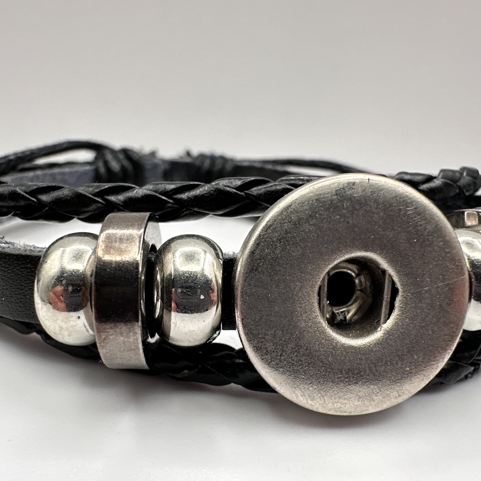 Vintage Y2K Black Braided Leather Bracelet Silver Tone Metal Beads Snap Button - Thumbnail 2