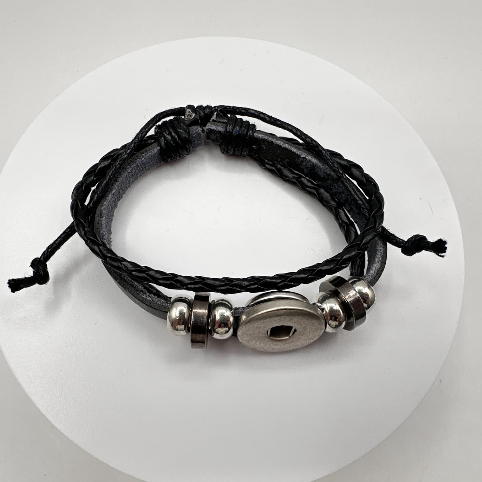 Vintage Y2K Black Braided Leather Bracelet Silver Tone Metal Beads Snap Button - Thumbnail 6